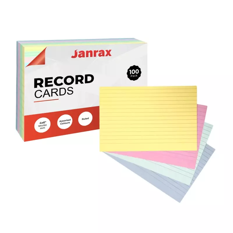 Pack of 100 Assorted Colour Ruled 6x4" Record Cards â€“ Lined Study Index Cards for Notes, Revision
