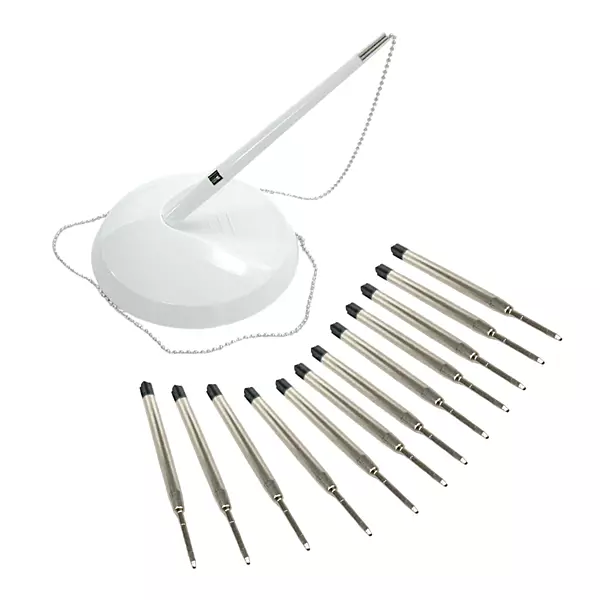 White Reception Desk Pen with 12 Blue Medium Point Ballpoint Pen Refills
