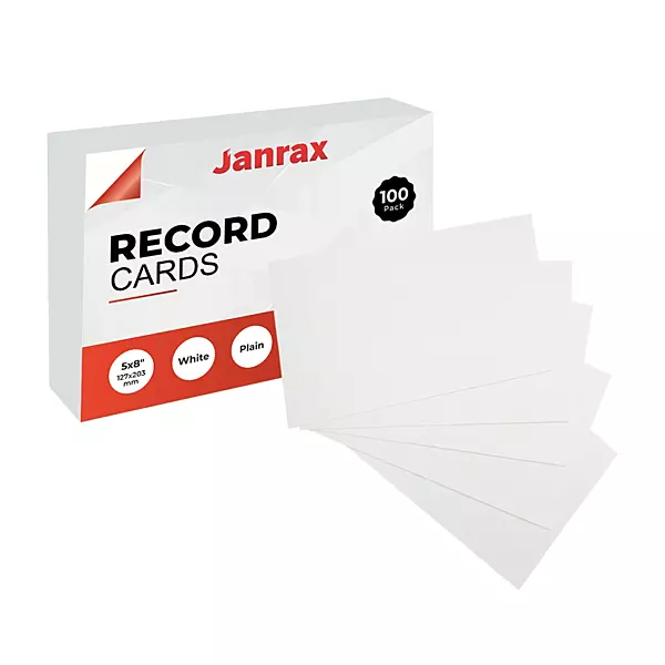 Pack of 100 White Plain 8x5" Record Cards â€“ Blank Study Index Cards for Notes, Revision