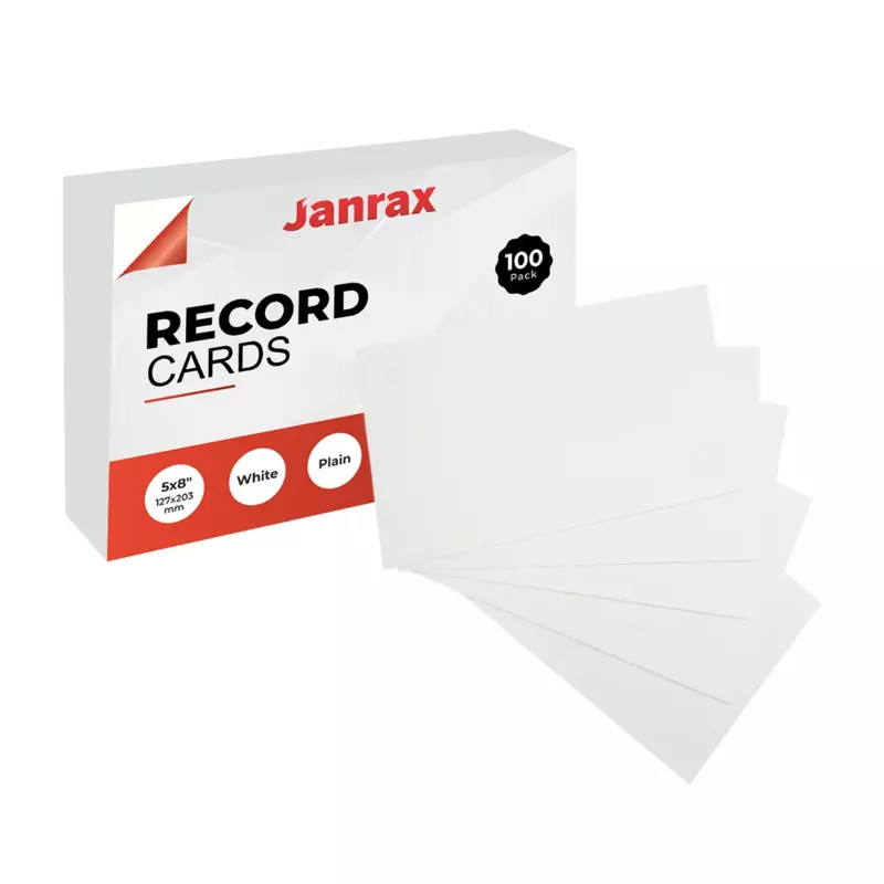 Pack of 100 White Plain 8x5" Record Cards â€“ Blank Study Index Cards for Notes, Revision