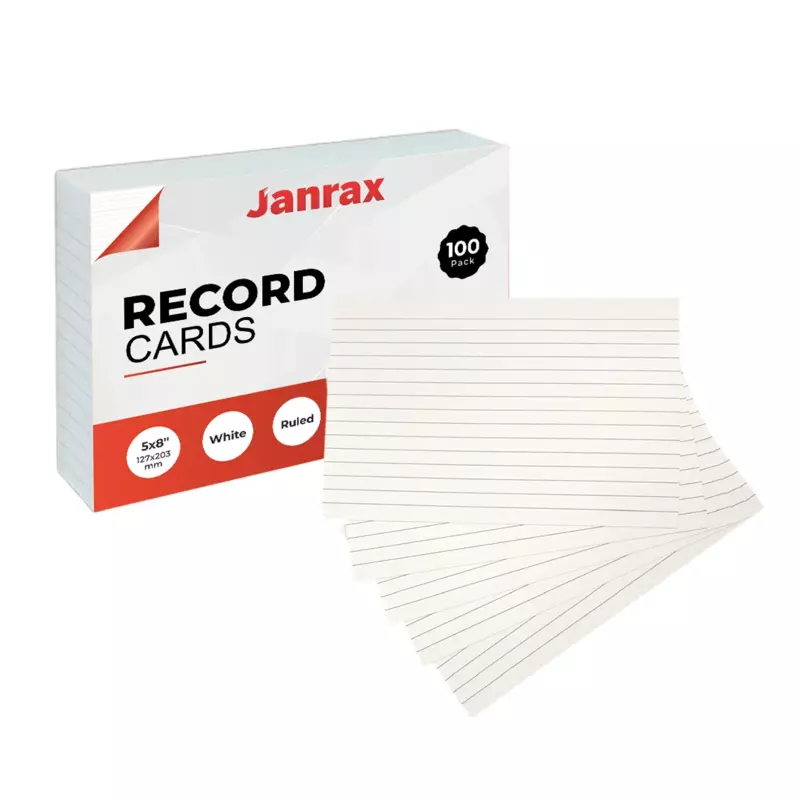 Pack of 100 White Ruled 8x5" Record Cards â€“ Lined Study Index Cards for Notes, Revision