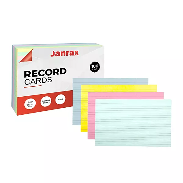 Pack of 100 Assorted Colour Ruled 8x5" Record Cards â€“ Lined Study Index Cards for Notes, Revision