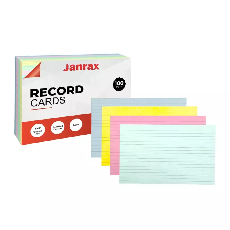 Pack of 100 Assorted Colour Ruled 8x5" Record Cards â€“ Lined Study Index Cards for Notes, Revision