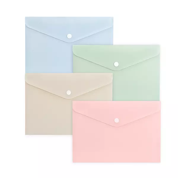 Pack of 12 A5 Assorted Light Pastel Coloured Soft Touch Plastic Document Wallets with Button Closure