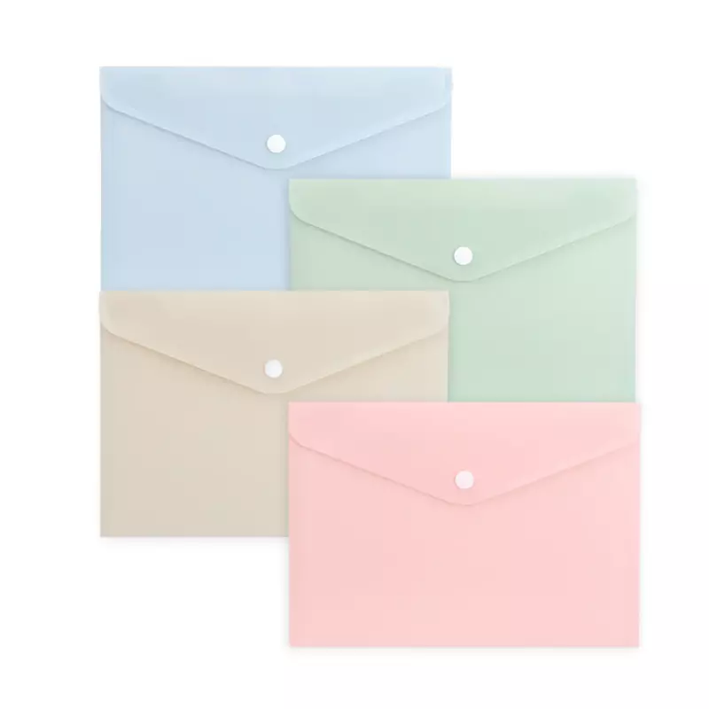 Pack of 12 A5 Assorted Light Pastel Coloured Soft Touch Plastic Document Wallets with Button Closure