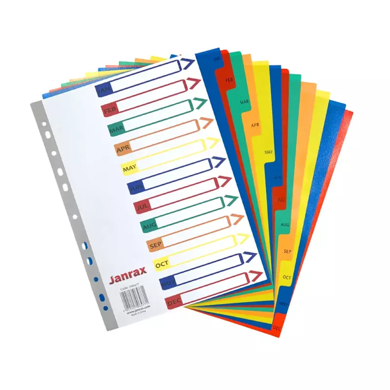 A4 Jan - Dec Month Polypropylene Dividers with Reinforced Index Cover