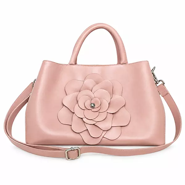 Camellia Floral Genuine Leather Satchel Handbag Blush Pink