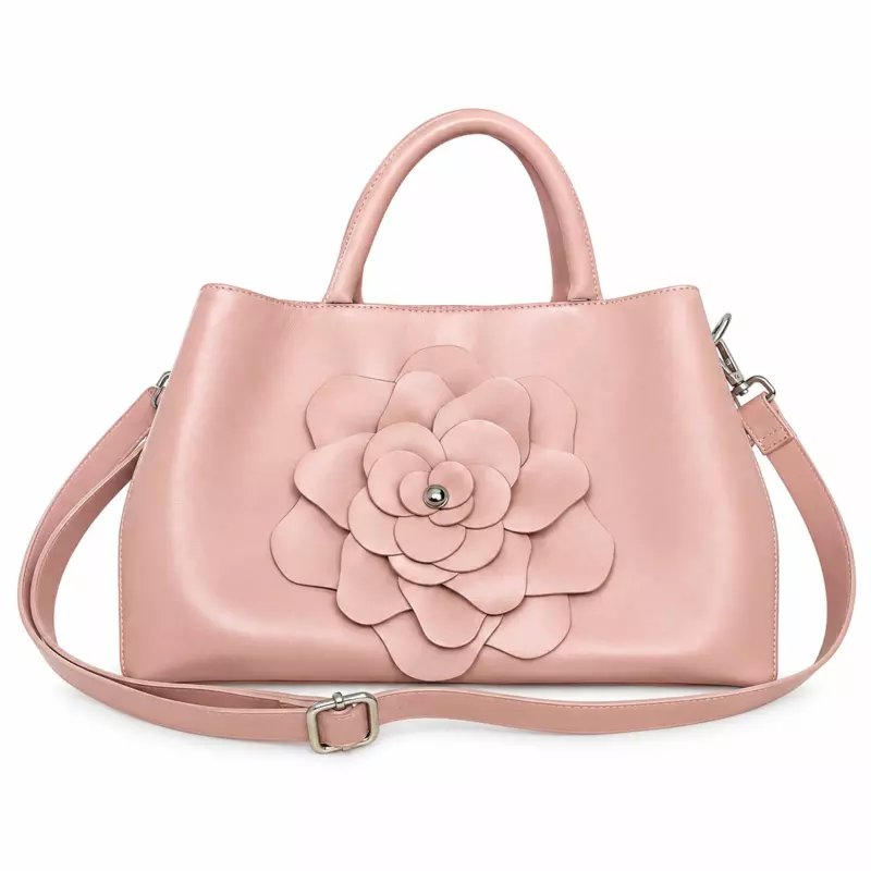 Camellia Floral Genuine Leather Satchel Handbag Blush Pink