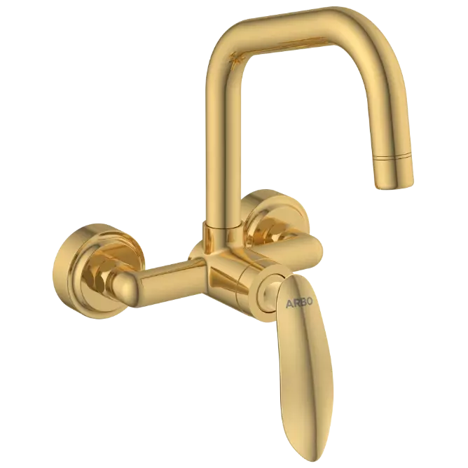 KA-GG-3143 Single Lever Sink Mixer With Swinging Spout With Connecting Legs With Wall Flange (Wall Mounted Model) (Gold)