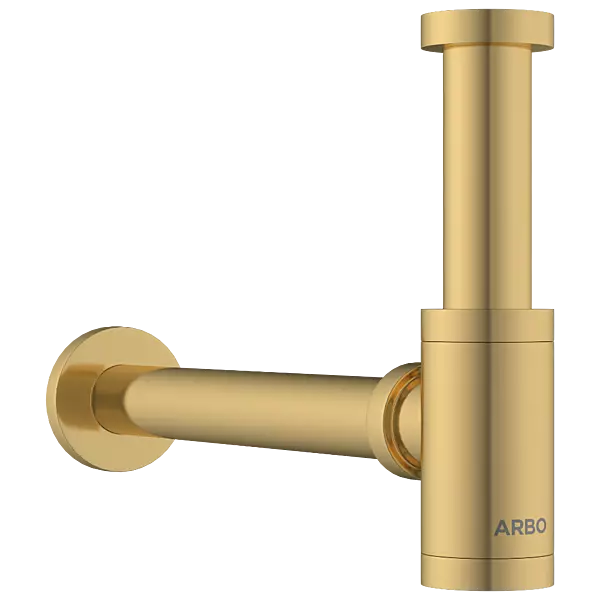 AC-GG-36 Brass Round Bottle Trap With Long Wall Connection Pipe & Wall Flange (Glossy Gold)