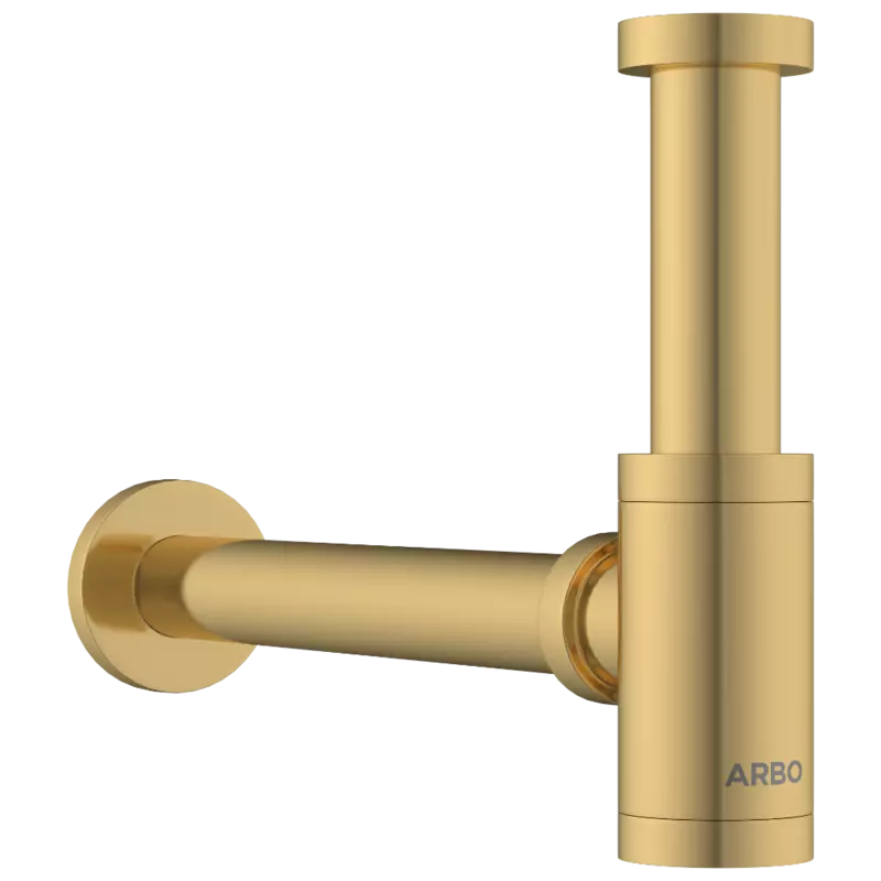 AC-GG-36 Brass Round Bottle Trap With Long Wall Connection Pipe & Wall Flange (Glossy Gold)