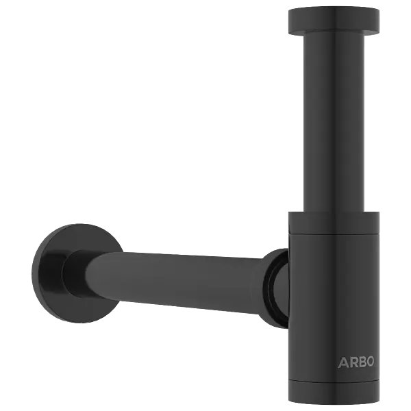 AC-MB-36 Brass Round Bottle Trap With Long Wall Connection Pipe & Wall Flange (Matt Black)