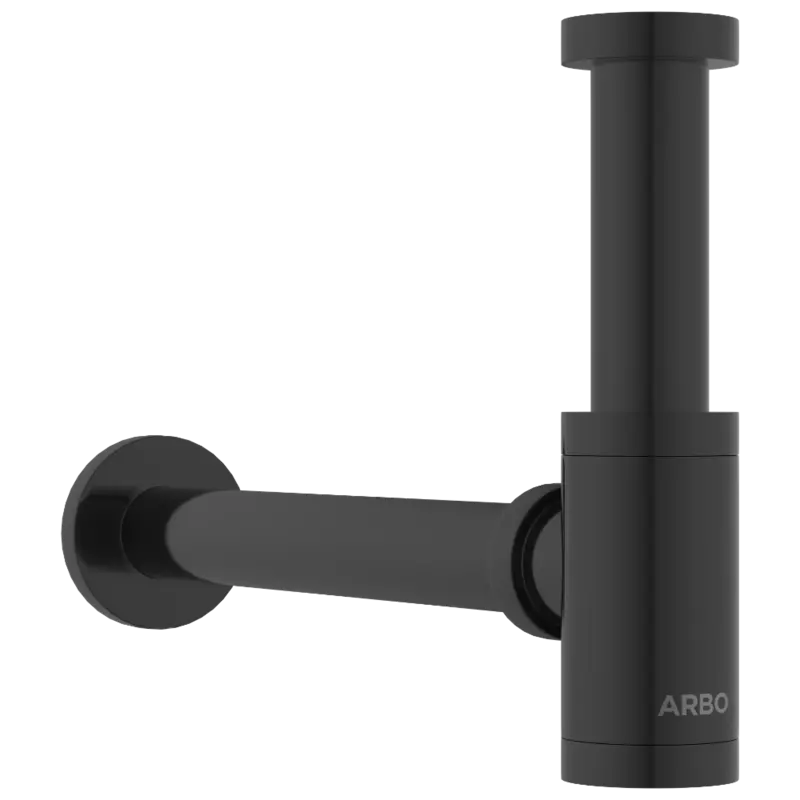 AC-MB-36 Brass Round Bottle Trap With Long Wall Connection Pipe & Wall Flange (Matt Black)