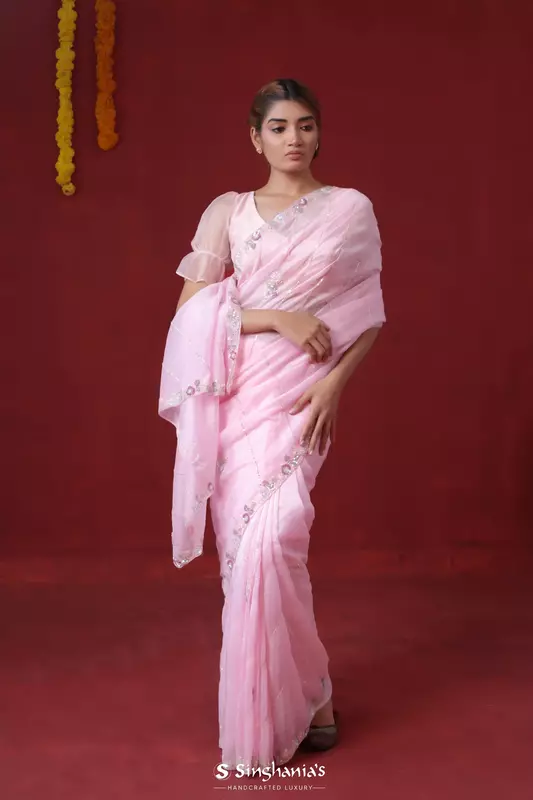 Taffy Pink Tissue Organza Saree Hand Embroidery