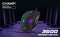 Lapcare Champ LGM‑100 gaming mouse—3600 DPI optical sensor, 6 programmable buttons, RGB backlight, braided USB‑C cable & 1 ms polling rate.