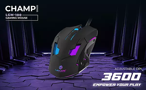 Lapcare Champ LGM‑100 gaming mouse—3600 DPI optical sensor, 6 programmable buttons, RGB backlight, braided USB‑C cable & 1 ms polling rate.