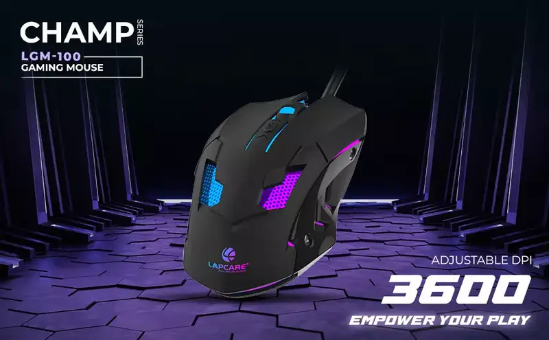 Lapcare Champ LGM‑100 gaming mouse—3600 DPI optical sensor, 6 programmable buttons, RGB backlight, braided USB‑C cable & 1 ms polling rate.
