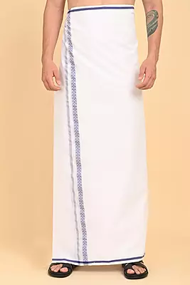 Men’s 100% Cotton Double-Layer White Veshti with Fancy Border
