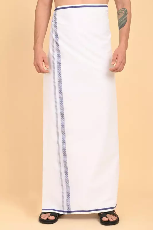 Men’s 100% Cotton Double-Layer White Veshti with Fancy Border