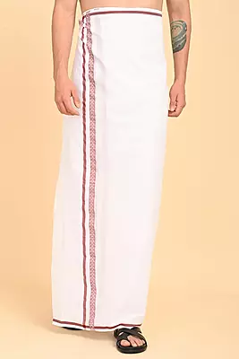 Men’s 100% Cotton Double-Layer White Veshti with Fancy Border