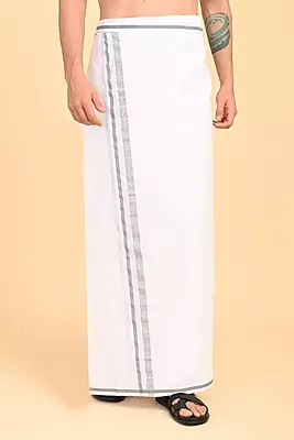 Men’s 100% Cotton Double-Layer White Veshti with Fancy Border