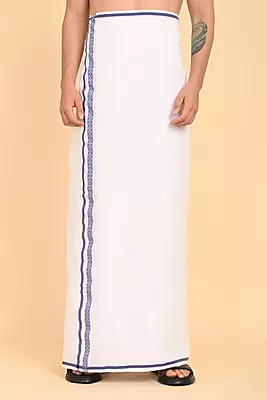 Men’s 100% Cotton Double-Layer White Veshti with Fancy Border