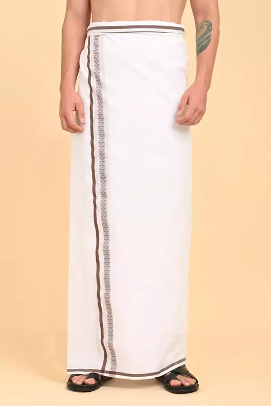 Men’s 100% Cotton Double-Layer White Veshti with Fancy Border