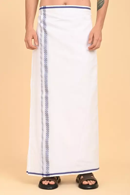 Men’s 100% Cotton Readymade Double-Layer White Veshti with Fancy Border