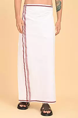 Men’s 100% Cotton Readymade Double-Layer White Veshti with Fancy Border