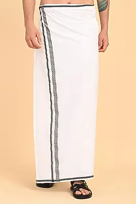 Men’s 100% Cotton Readymade Double-Layer White Veshti with Fancy Border