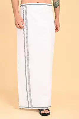 Men’s 100% Cotton Readymade Double-Layer White Veshti with Fancy Border