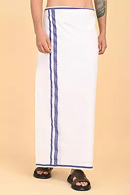 Men’s 100% Cotton Readymade Double-Layer White Veshti with Fancy Border