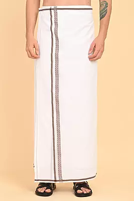 Men’s 100% Cotton Readymade Double-Layer White Veshti with Fancy Border