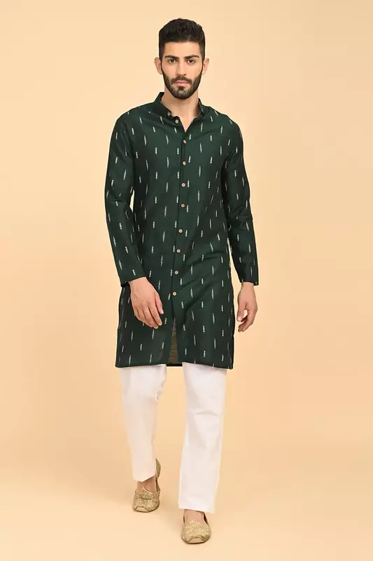 Men Jacquard Full Open Long Kurta - Green