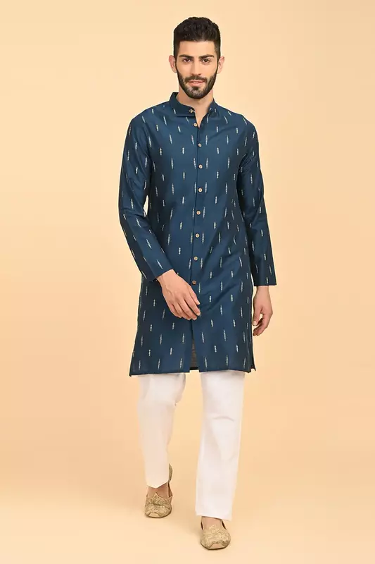Men Jacquard Full Open Long Kurta - Blue