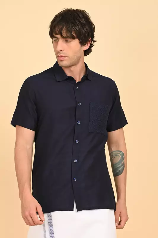 Men Short Sleeve Ethnic Shirt - Navy Blue