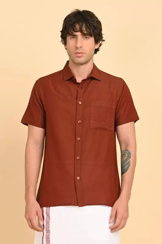 Men Short Sleeve Ethnic Shirt - Brown