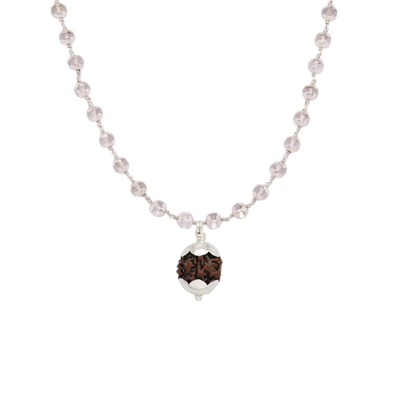 Silver Capped Spatika Mala with Rudraksha Pendant