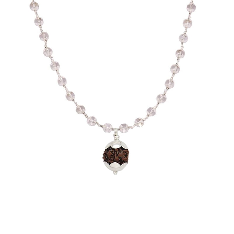 Silver Capped Spatika Mala with Rudraksha Pendant