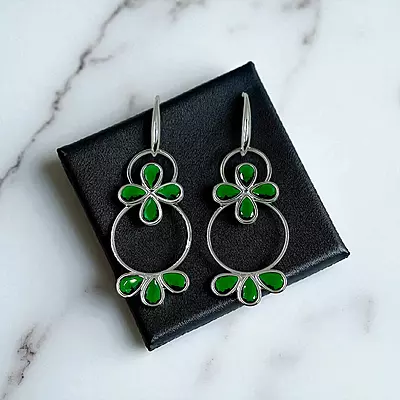 Elegant Green & Silver Dangle Earrings | Statement Hoop Earrings