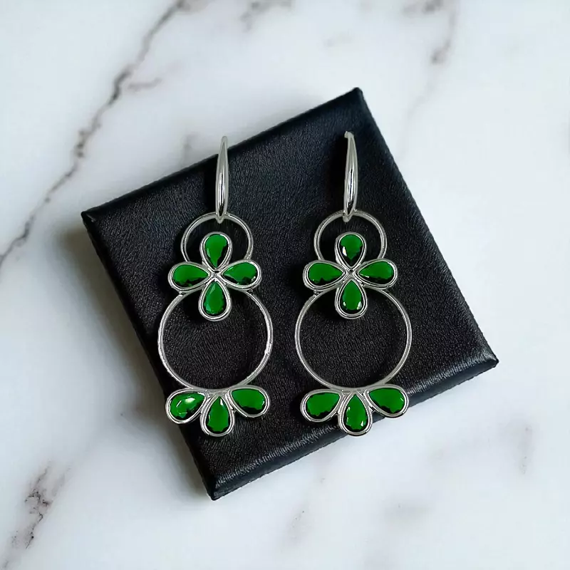 Elegant Green & Silver Dangle Earrings | Statement Hoop Earrings