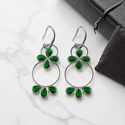 Elegant Green & Silver Dangle Earrings | Statement Hoop Earrings