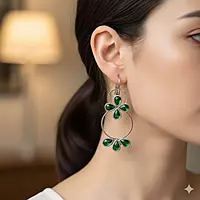 Elegant Green & Silver Dangle Earrings | Statement Hoop Earrings