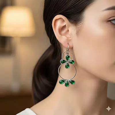 Elegant Green & Silver Dangle Earrings | Statement Hoop Earrings