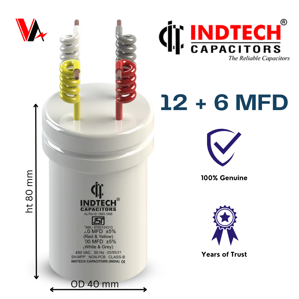 Indtech 12 + 6 MFD Dual Capacitors for Washing Machine