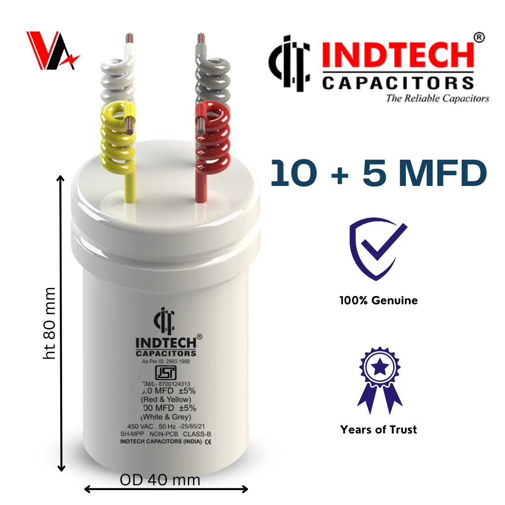 Indtech 10 + 5 MFD Dual Capacitors for Washing Machine
