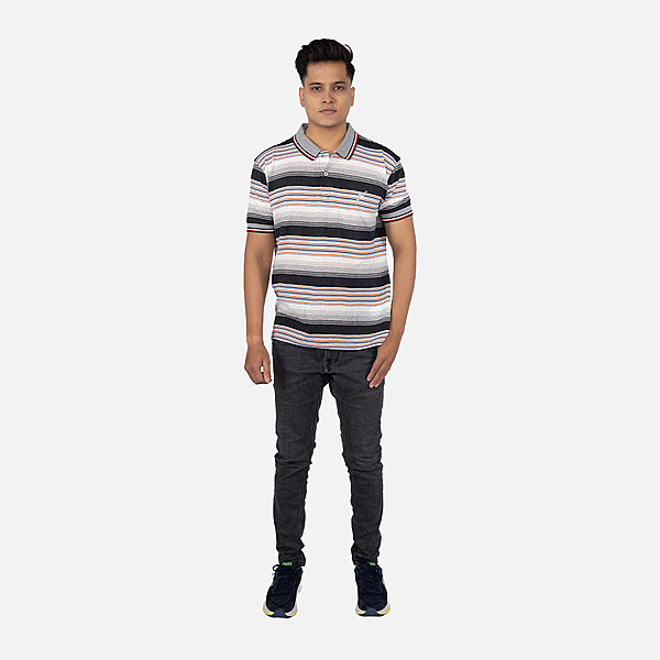 Men Charcoal Black Multi Stripe Polo Neck T-shirt