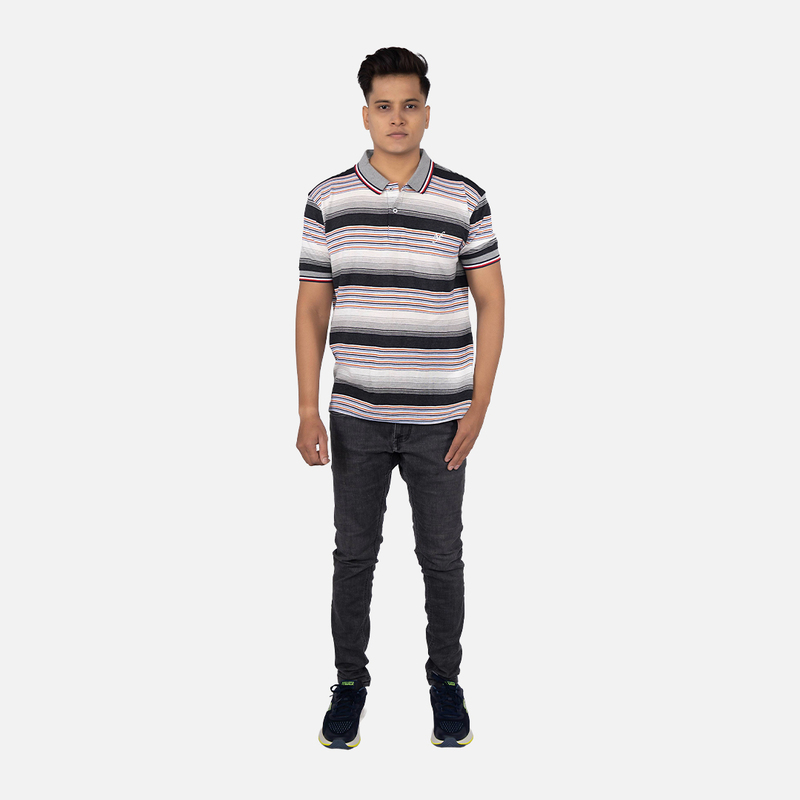 Men Charcoal Black Multi Stripe Polo Neck T-shirt
