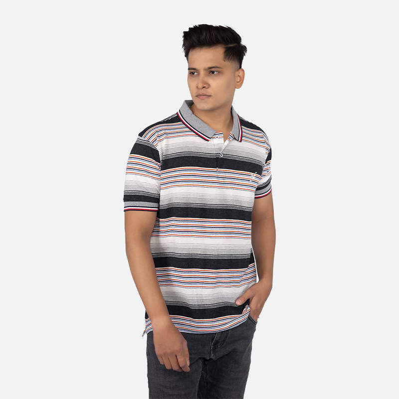Men Charcoal Black Multi Stripe Polo Neck T-shirt