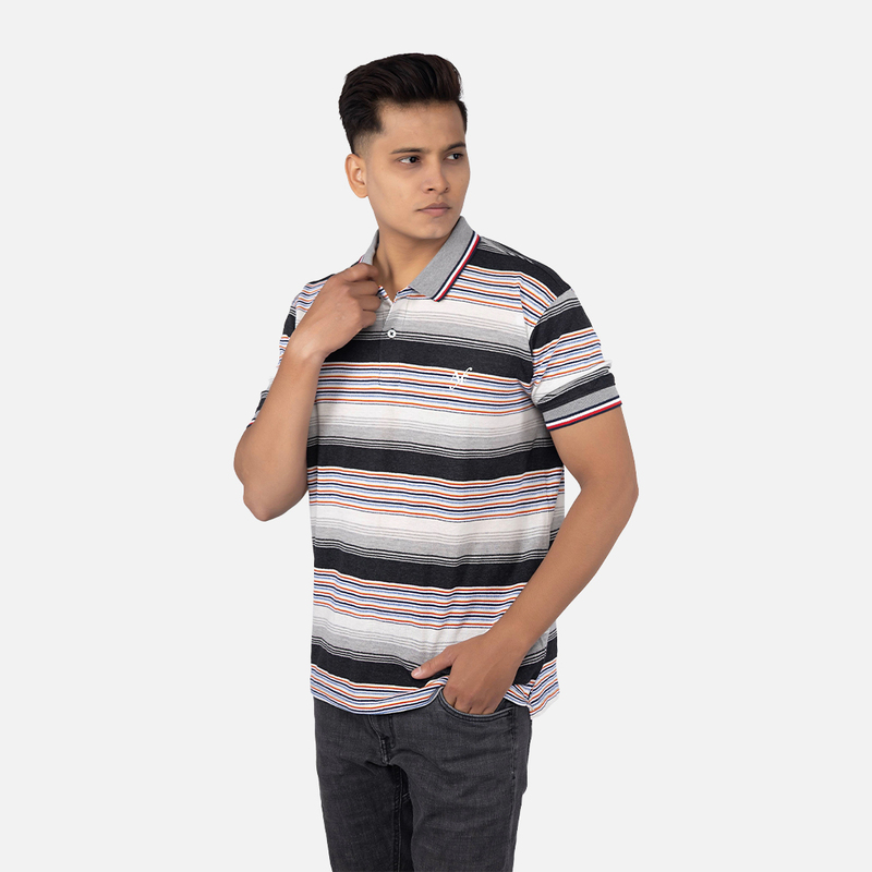 Men Charcoal Black Multi Stripe Polo Neck T-shirt